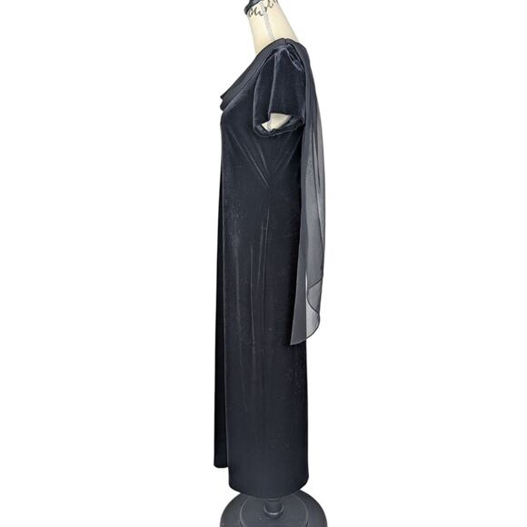 90s Vintage Velvet Short Sleeve Midi Formal Dress Gown With Chiffon Scarf Black - Picture 4 of 16